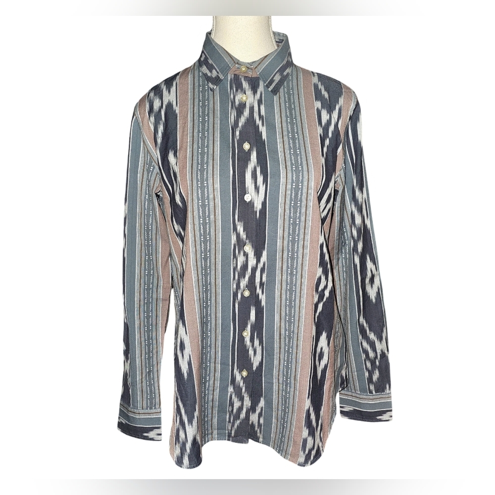 Lauren Ralph Lauren Ikat Stripe Button Down Shirt Southwestern Boho Cotton Sz M - Picture 3 of 16